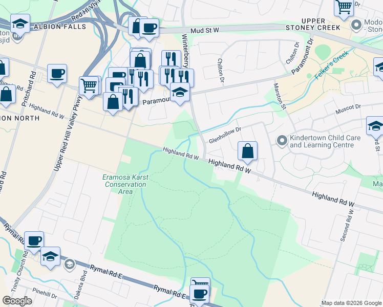 map of restaurants, bars, coffee shops, grocery stores, and more near 390 Highland Road West in Hamilton