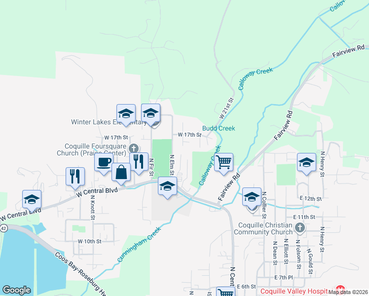 map of restaurants, bars, coffee shops, grocery stores, and more near 1618 Dogwood Street in Coquille