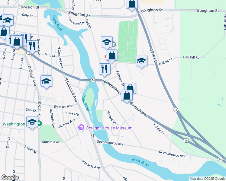 map of restaurants, bars, coffee shops, grocery stores, and more near 215 Summit Avenue in Watertown