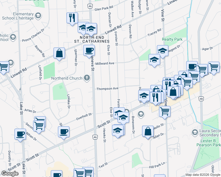 map of restaurants, bars, coffee shops, grocery stores, and more near Else Street in Saint Catharines