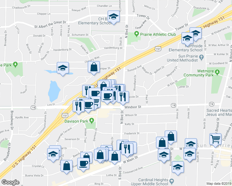 map of restaurants, bars, coffee shops, grocery stores, and more near 575 Schiller Street in Sun Prairie