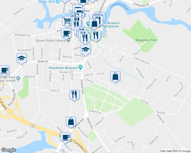 map of restaurants, bars, coffee shops, grocery stores, and more near 54 Dover Point Road in Dover