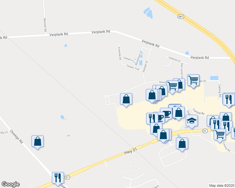 map of restaurants, bars, coffee shops, grocery stores, and more near 3792 Rivers Pointe Way in Liverpool