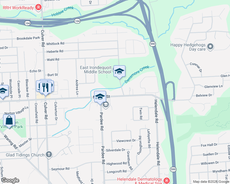 map of restaurants, bars, coffee shops, grocery stores, and more near 364 Densmore Road in Rochester