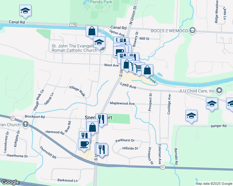 map of restaurants, bars, coffee shops, grocery stores, and more near 237 New York 259 in Spencerport