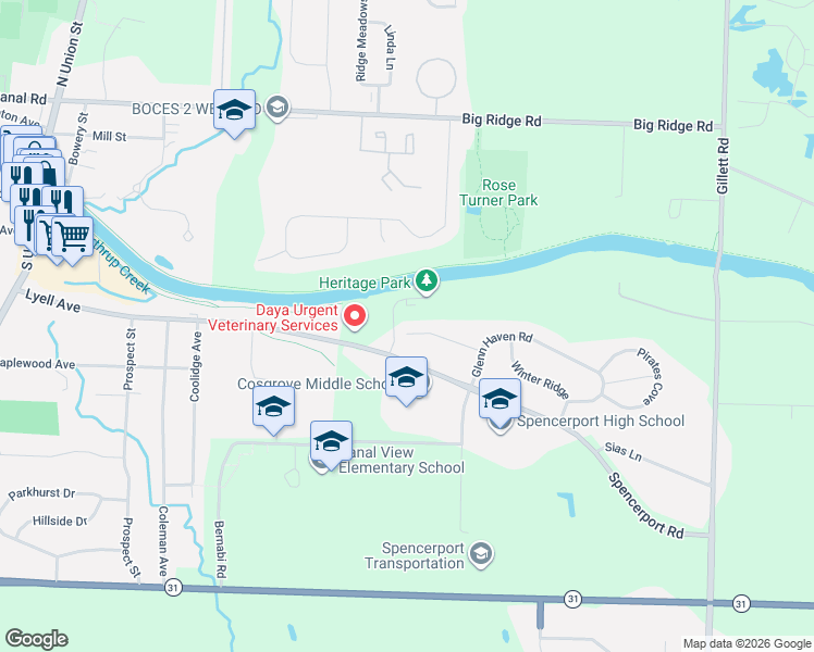 map of restaurants, bars, coffee shops, grocery stores, and more near 13 Hickory Ln in Spencerport