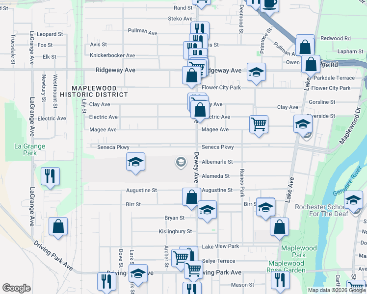 map of restaurants, bars, coffee shops, grocery stores, and more near 440 Seneca Parkway in Rochester