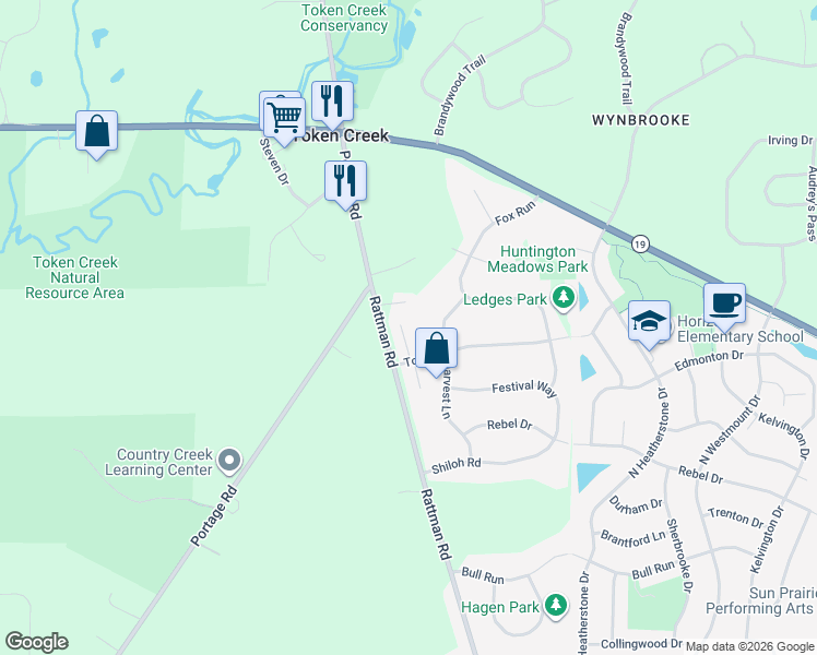 map of restaurants, bars, coffee shops, grocery stores, and more near 6247 Harvest Lane in DeForest