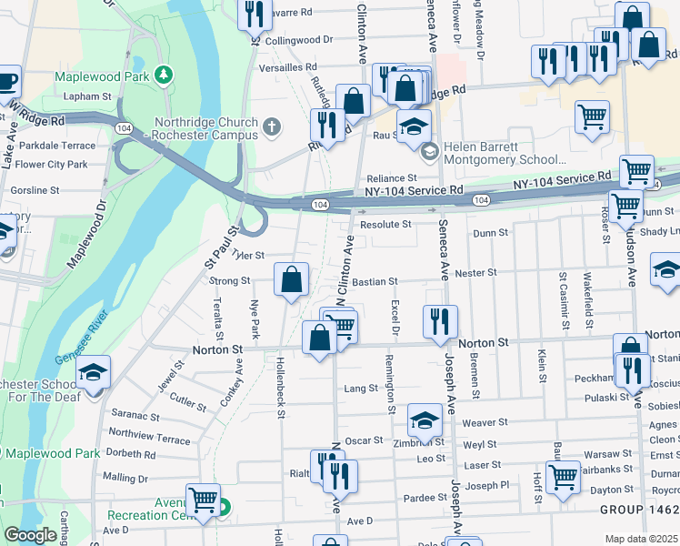 map of restaurants, bars, coffee shops, grocery stores, and more near 1571 North Clinton Avenue in Rochester