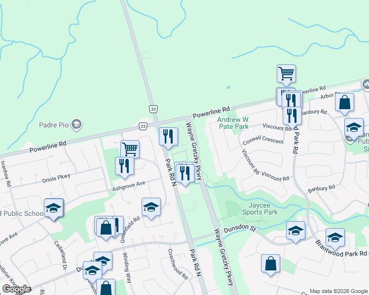 map of restaurants, bars, coffee shops, grocery stores, and more near 627 Park Road North in Brantford