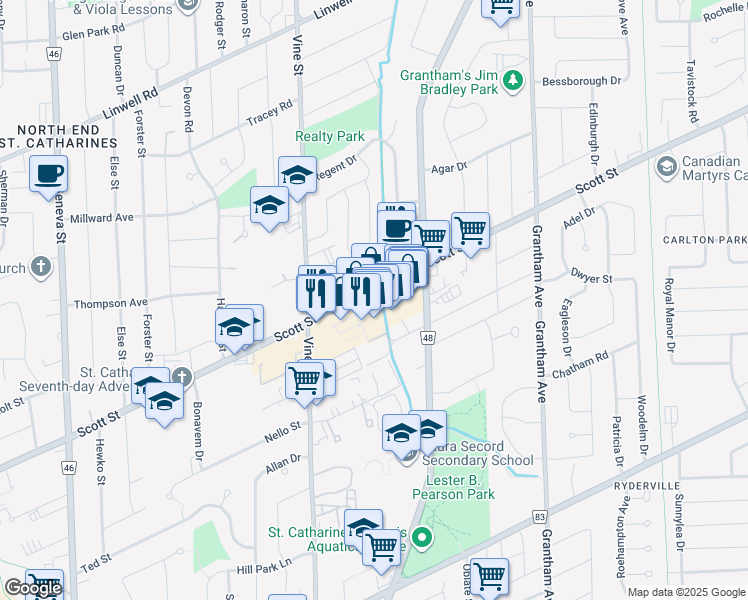 map of restaurants, bars, coffee shops, grocery stores, and more near 378 Scott Street in St. Catharines