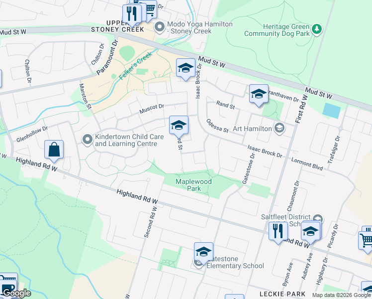 map of restaurants, bars, coffee shops, grocery stores, and more near 39 Kennard Street in Hamilton