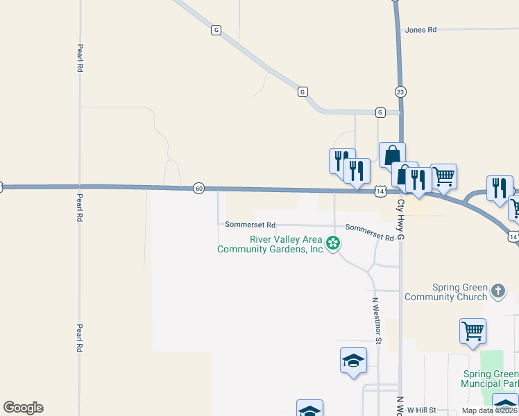map of restaurants, bars, coffee shops, grocery stores, and more near 60 U.S. 14 in Spring Green