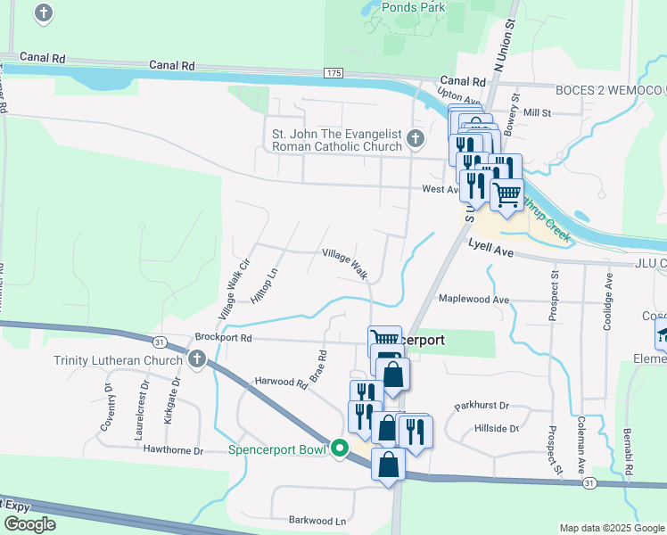 map of restaurants, bars, coffee shops, grocery stores, and more near 35 Village Trail in Spencerport