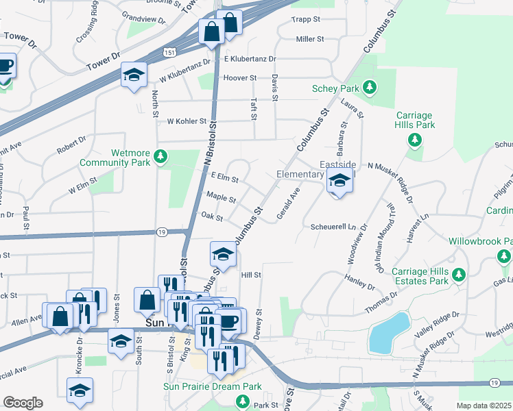 map of restaurants, bars, coffee shops, grocery stores, and more near 510 Columbus Street in Sun Prairie