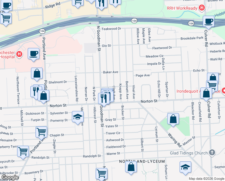 map of restaurants, bars, coffee shops, grocery stores, and more near 83 Knapp Avenue in Irondequoit