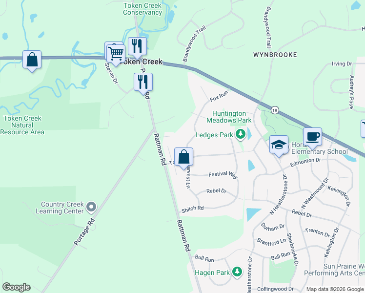 map of restaurants, bars, coffee shops, grocery stores, and more near 6247 Harvest Lane in DeForest