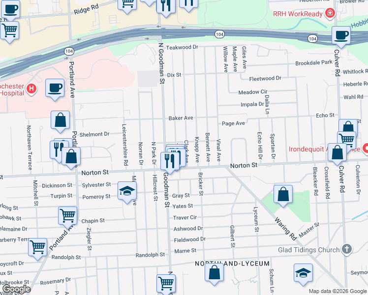 map of restaurants, bars, coffee shops, grocery stores, and more near 83 Knapp Avenue in Irondequoit