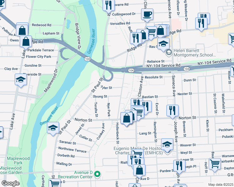 map of restaurants, bars, coffee shops, grocery stores, and more near 105 Tyler Street in Rochester