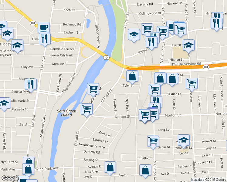 map of restaurants, bars, coffee shops, grocery stores, and more near 1852 Saint Paul Street in Rochester
