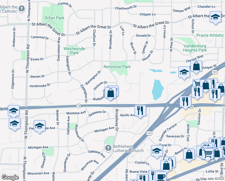 map of restaurants, bars, coffee shops, grocery stores, and more near 650 Broadway Drive in Sun Prairie