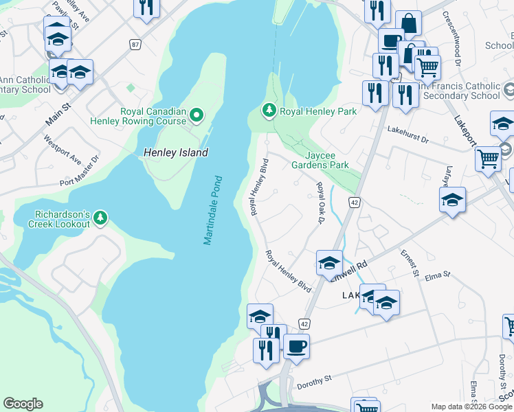 map of restaurants, bars, coffee shops, grocery stores, and more near 33 Royal Henley Boulevard in Saint Catharines