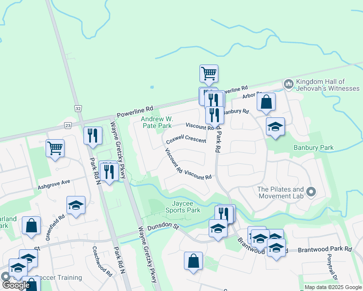 map of restaurants, bars, coffee shops, grocery stores, and more near 108 White Owl Crescent in Brantford