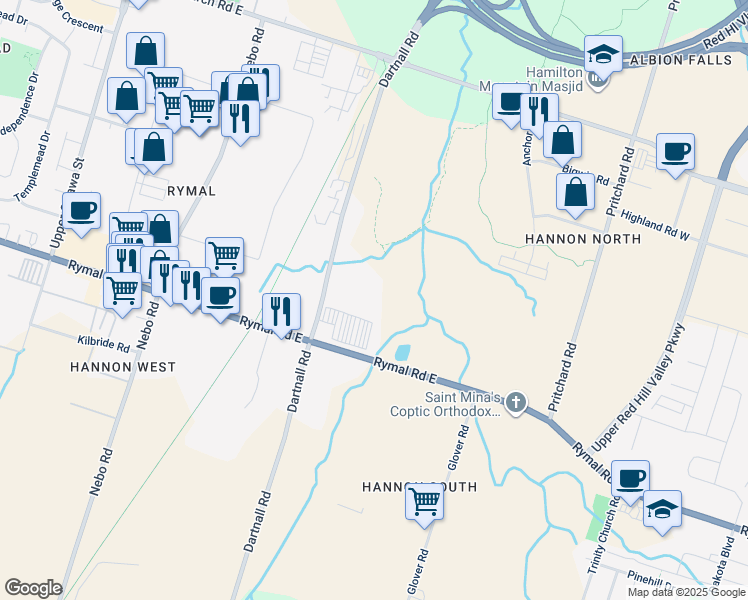 map of restaurants, bars, coffee shops, grocery stores, and more near 101 Dartnall Road in Hamilton