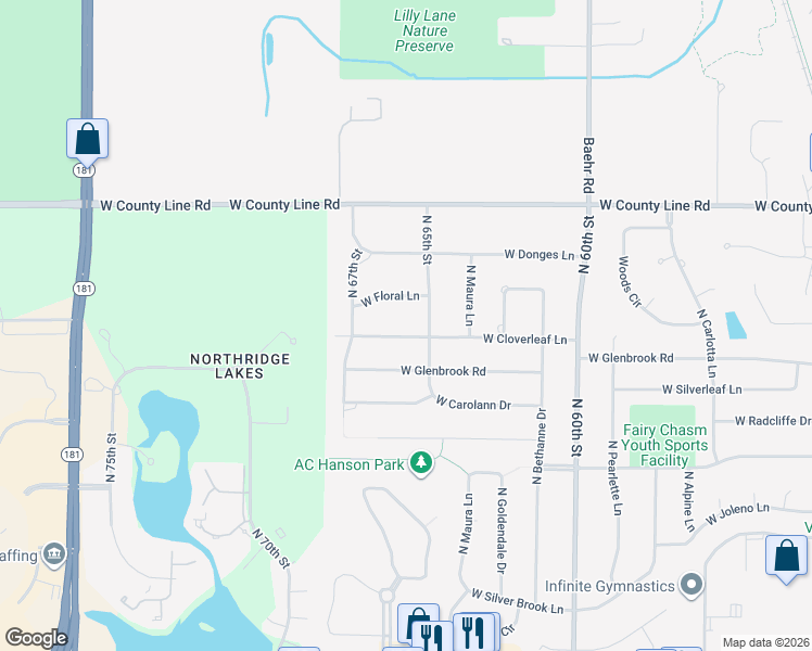 map of restaurants, bars, coffee shops, grocery stores, and more near 6573 West Floral Lane in Brown Deer