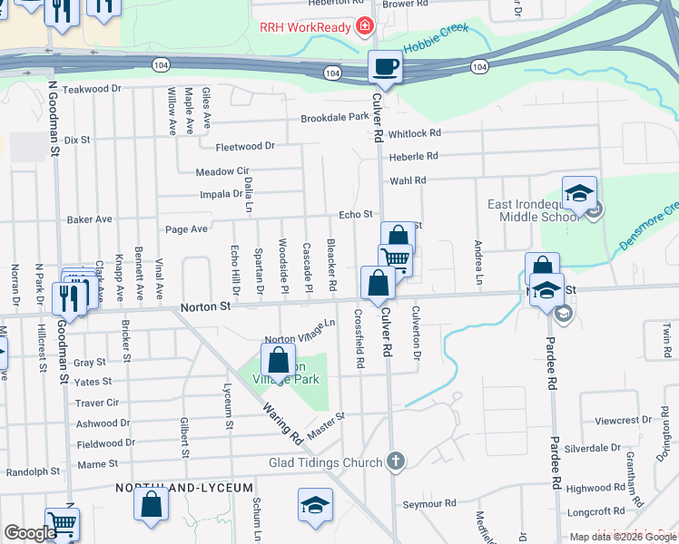 map of restaurants, bars, coffee shops, grocery stores, and more near 332 Bleacker Road in Rochester