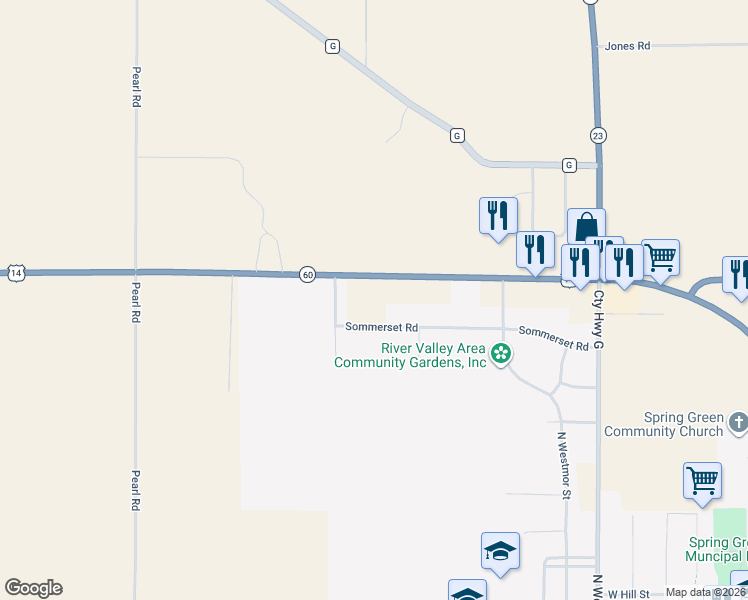 map of restaurants, bars, coffee shops, grocery stores, and more near E4686 US Highway 14 And 60 in Spring Green