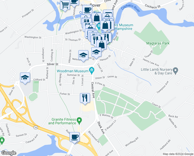 map of restaurants, bars, coffee shops, grocery stores, and more near 3 Union Street in Dover