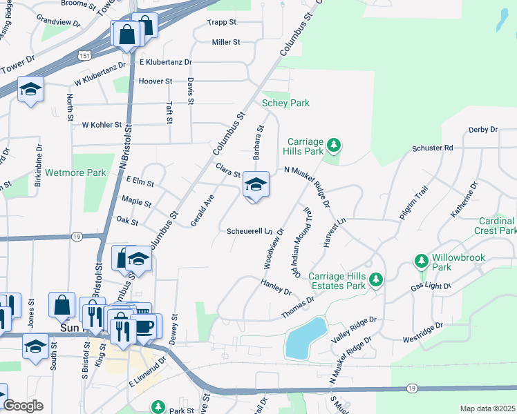 map of restaurants, bars, coffee shops, grocery stores, and more near 661 Elizabeth Lane in Sun Prairie