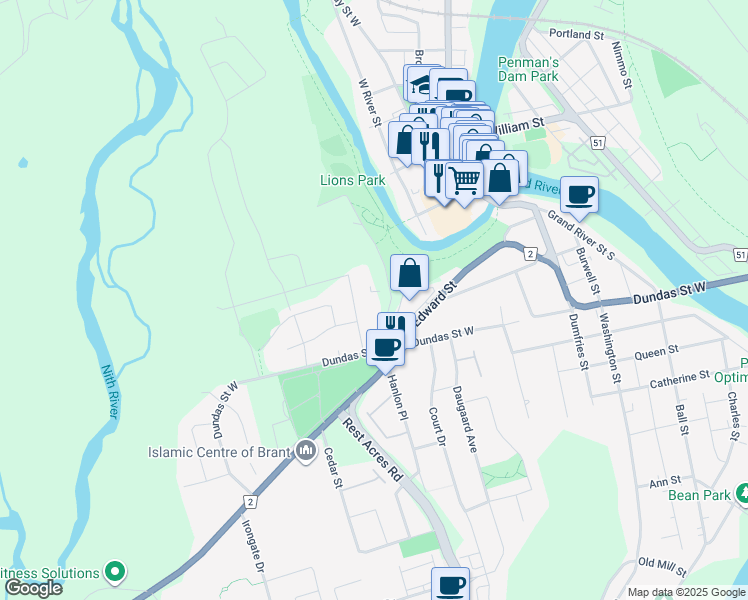 map of restaurants, bars, coffee shops, grocery stores, and more near 17 Barker Street in Brant
