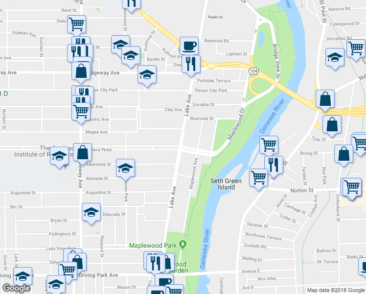 map of restaurants, bars, coffee shops, grocery stores, and more near 92 Seneca Parkway in Rochester