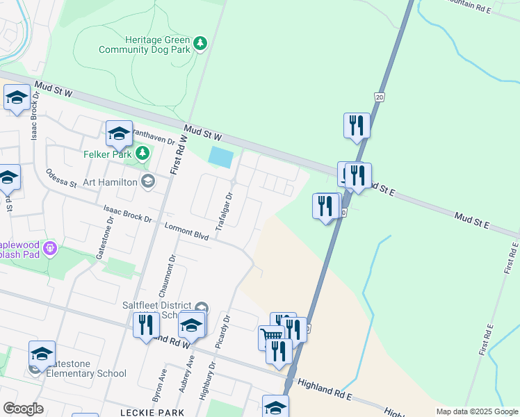map of restaurants, bars, coffee shops, grocery stores, and more near 76 Bradbury Road in Hamilton