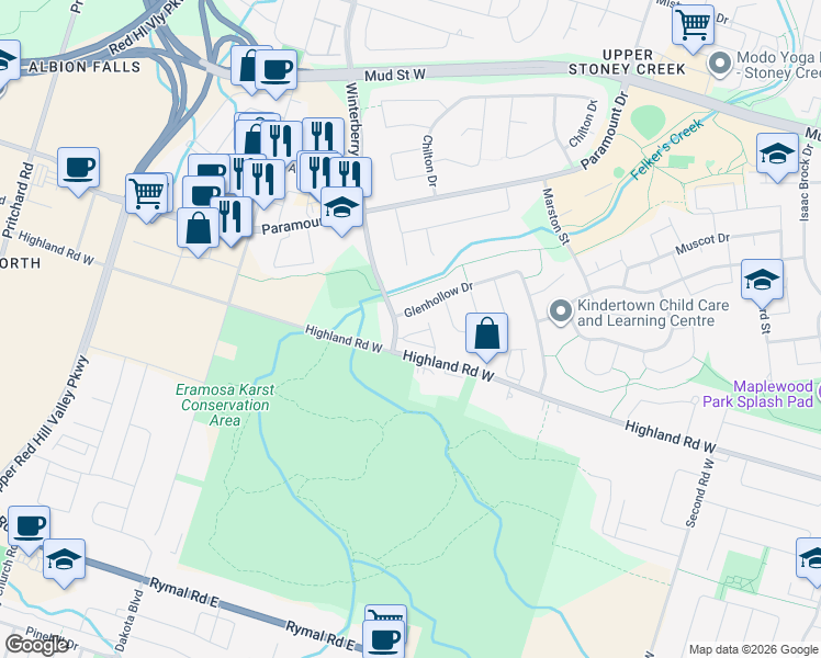 map of restaurants, bars, coffee shops, grocery stores, and more near 386 Highland Road West in Hamilton