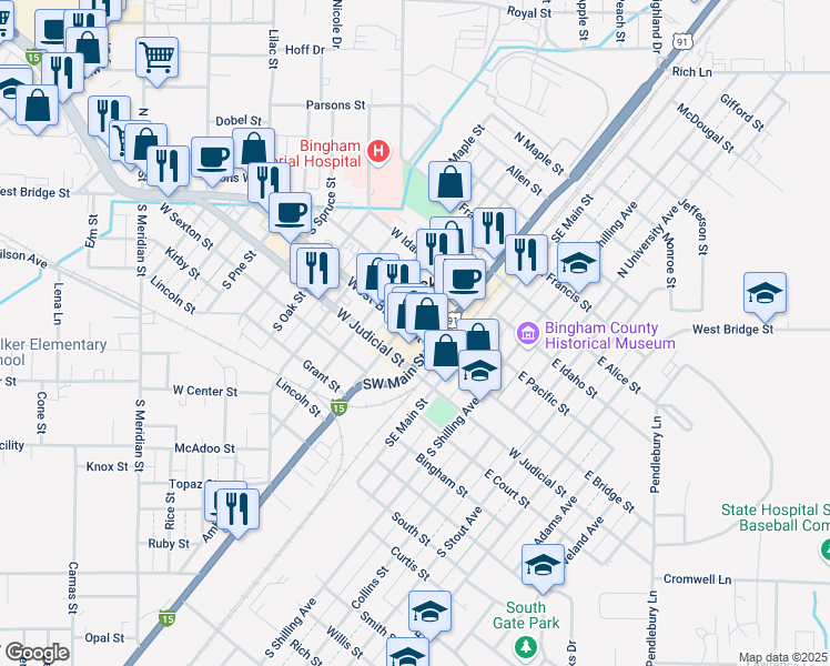 map of restaurants, bars, coffee shops, grocery stores, and more near 57 West Bridge Street in Blackfoot
