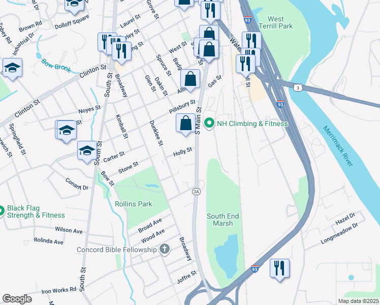 map of restaurants, bars, coffee shops, grocery stores, and more near 14-16 Holly Street in Concord