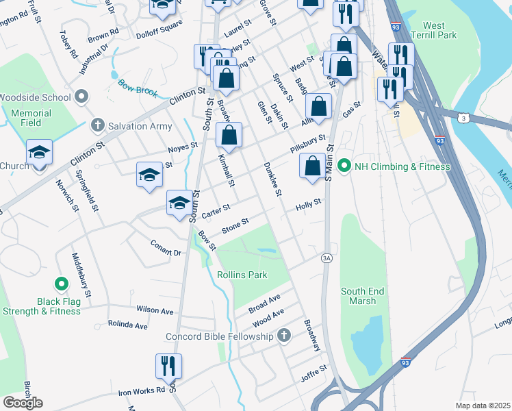 map of restaurants, bars, coffee shops, grocery stores, and more near 73 Broadway in Concord