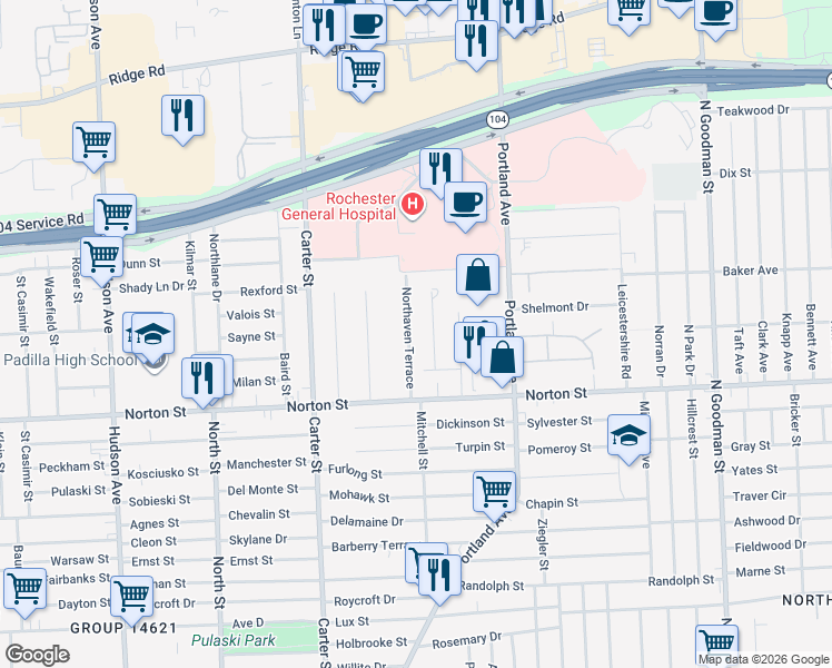 map of restaurants, bars, coffee shops, grocery stores, and more near 67 Cynthia Lane in Rochester