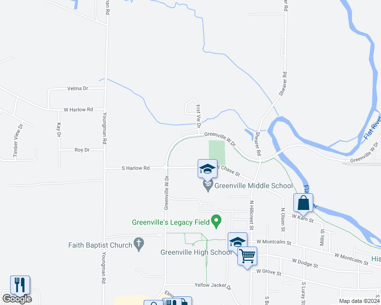map of restaurants, bars, coffee shops, grocery stores, and more near 1414 West Chase Street in Greenville