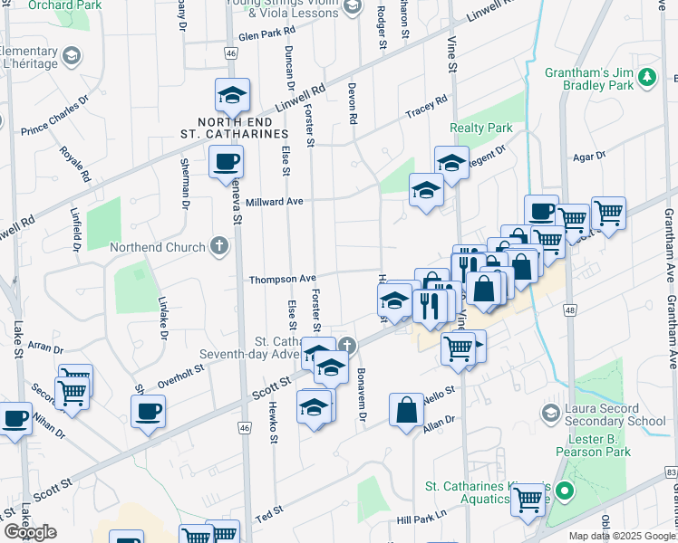 map of restaurants, bars, coffee shops, grocery stores, and more near 21 Thompson Avenue in Saint Catharines