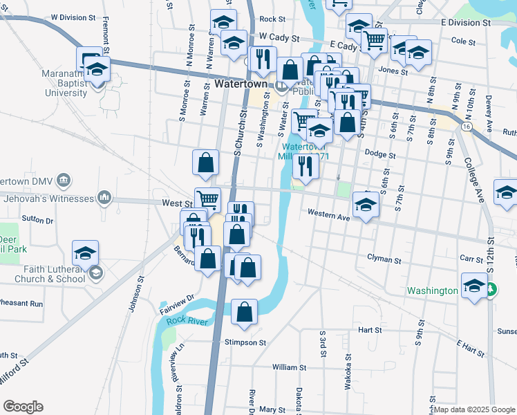 map of restaurants, bars, coffee shops, grocery stores, and more near 601 South Washington Street in Watertown