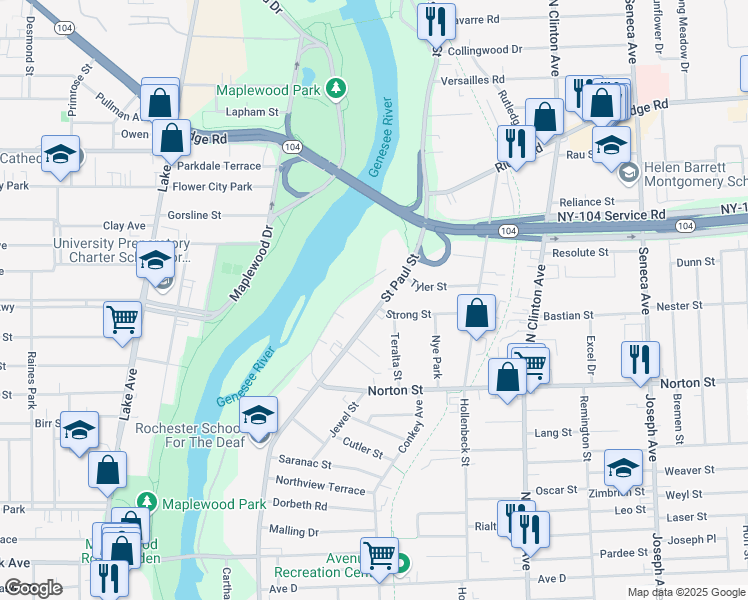 map of restaurants, bars, coffee shops, grocery stores, and more near 1809 Saint Paul Street in Rochester