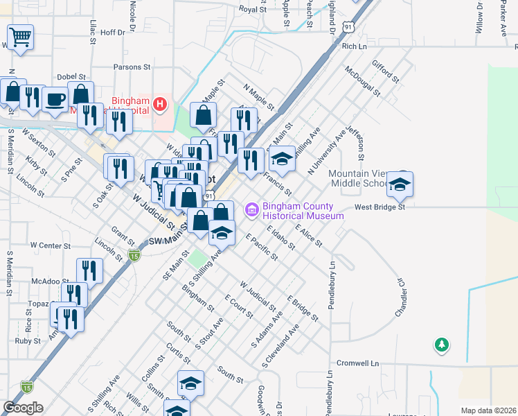 map of restaurants, bars, coffee shops, grocery stores, and more near 265 North Shilling Avenue in Blackfoot