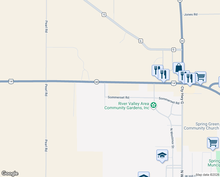 map of restaurants, bars, coffee shops, grocery stores, and more near E4686 US Highway 14 And 60 in Spring Green