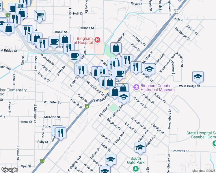 map of restaurants, bars, coffee shops, grocery stores, and more near 57 West Bridge Street in Blackfoot
