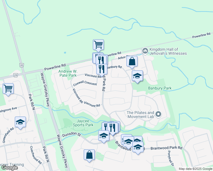 map of restaurants, bars, coffee shops, grocery stores, and more near 69 Brantwood Park Road in Brantford