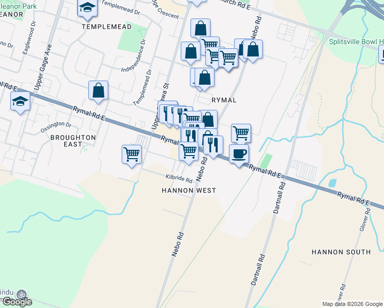 map of restaurants, bars, coffee shops, grocery stores, and more near 1170 Rymal Road East in Hamilton